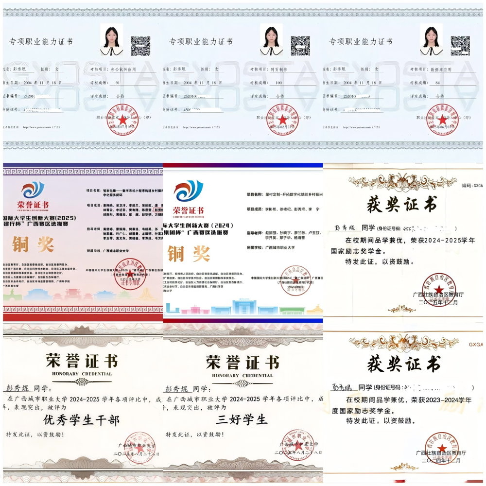 考取的证书以及部分荣誉